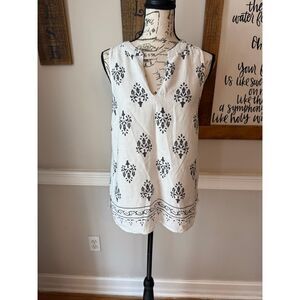 Anne Carson Women's Linen Blend Sleeveless Blouse Top White Black Size Medium